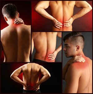Collage eines Rückens, an dem verschiedene Schmerzpunkte dargestellt werden.